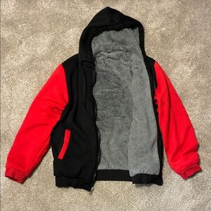 Black & Red Sherpa-Lined Hoodie Jacket